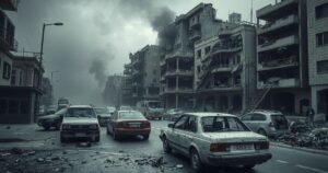 A dramatic scene depicting damaged buildings and wreckage from bombings in a Colombian city, showing chaos and destruction.