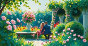 A serene outdoor setting with a couple sitting, surrounded by greenery, depicting a moment of tranquility and togetherness.