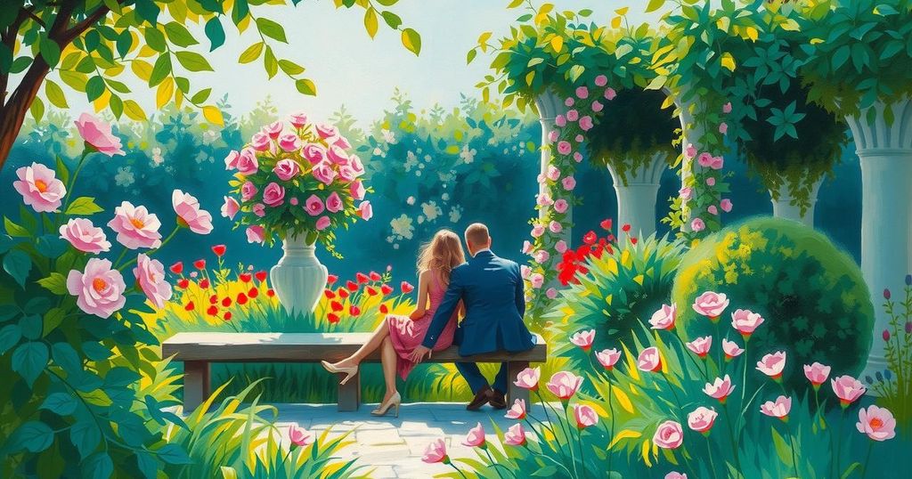 A serene outdoor setting with a couple sitting, surrounded by greenery, depicting a moment of tranquility and togetherness.