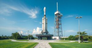 A Falcon 9 rocket poised for launch at Kennedy Space Center, surrounded by a clear blue sky and green landscape.