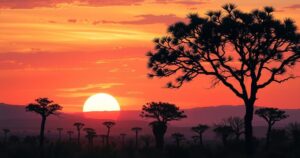 A tranquil sunset over a serene Kenyan landscape with silhouettes of acacia trees.