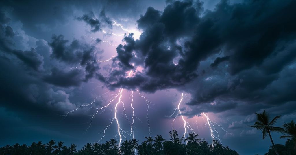 Dramatic thunderstorm clouds with flashes of lightning over a landscape in a dark, moody color scheme.