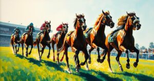 Dynamic horse race scene with horses galloping at high speed in vivid colors, capturing the excitement of competition.