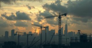 Silhouetted skyline of a city with demolition in the foreground, featuring industrial colors and a somber atmosphere.