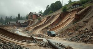 A vivid landscape showing a landslide area with mud, debris, and damaged homes under a cloudy sky.