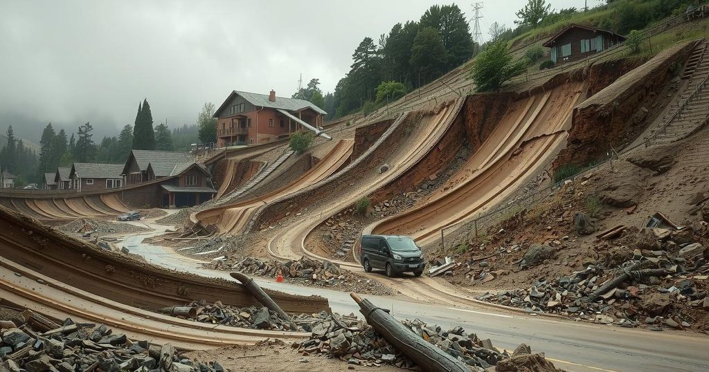 A vivid landscape showing a landslide area with mud, debris, and damaged homes under a cloudy sky.