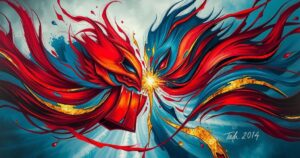 Dramatic clash of two powerful egos in a metaphorical arena with vibrant colors and abstract shapes.