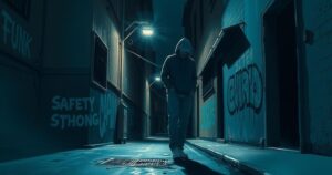 A dark alleyway with dim lighting, surrounded by distressed shadows representing urban fear and safety concerns for women.