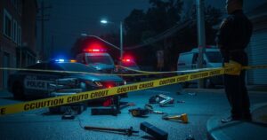 A dramatic scene of a police investigation with caution tape and police gear, reflecting law enforcement's determination.