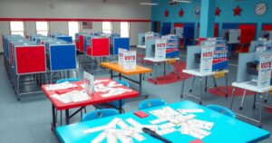 Polling place with voting booths, ballots, and signage, showcasing the New Jersey primary election atmosphere.