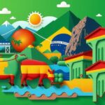 A collage featuring stock market charts, Brazilian landscapes, and meatpacking industry visuals.