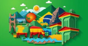 A collage featuring stock market charts, Brazilian landscapes, and meatpacking industry visuals.