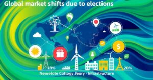 A collage depicting international markets transforming with election cycles, vibrant colors in an infographic style.