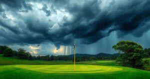 A lush green golf course surrounded by dark storm clouds signaling possible rain delays during a tournament.