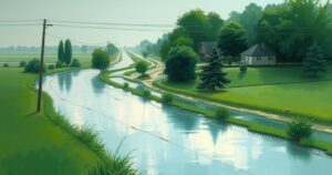 A serene landscape showing a flooded area with rising waters and washed-out roads amidst greenery.
