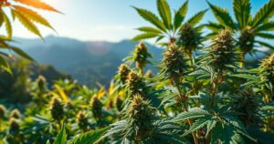 Lush green cannabis plants thriving in a serene Thai landscape under a clear blue sky.