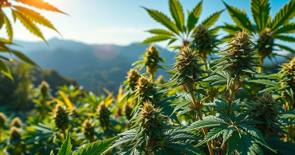 Lush green cannabis plants thriving in a serene Thai landscape under a clear blue sky.