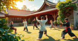 A vibrant scene of martial arts practice in Benin, showcasing tai chi against a backdrop of warm sunshine and lush greenery.
