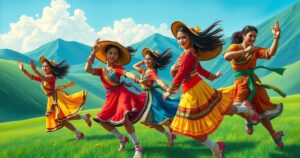Colorful dancers in vibrant attire perform traditional moves surrounded by a scenic landscape.