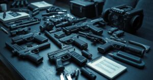 Arrest of suspects with weapons and gadgets in a police operation setting.