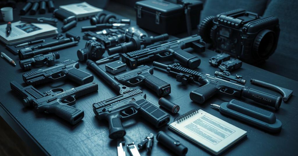Arrest of suspects with weapons and gadgets in a police operation setting.