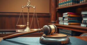A courtroom scene depicting justice, with a gavel, scales, and legal books in warm tones, symbolizing law and order.