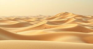 Desert landscape with sand dunes and a hazy sky, showcasing high humidity and wind effects in Kuwait.