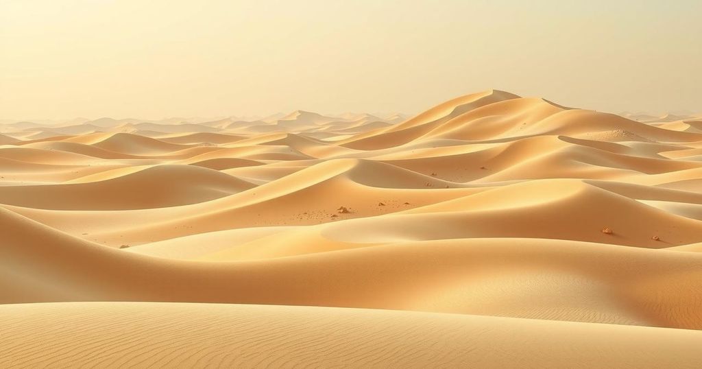 Desert landscape with sand dunes and a hazy sky, showcasing high humidity and wind effects in Kuwait.