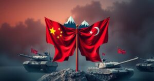 A digital art piece depicting a symbolic alliance between North Korea and Russia, featuring national symbols and military imagery.