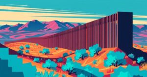 Conceptual depiction of U.S.-Mexico border wall and immigration reforms in a dynamic landscape using a modern artistic style with bold colors.