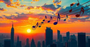 A vibrant sunset cityscape of an urban jungle with silhouettes of buildings and musical notes in the sky.