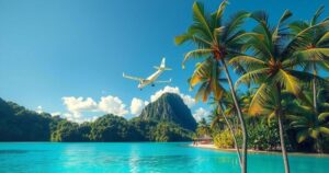 A serene view of a plane soaring through a blue sky above a tropical landscape in Thailand, symbolizing freedom.