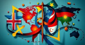 Abstract representation of global news events, with symbolic elements representing unity and tension in vibrant colors.