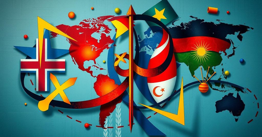 Abstract representation of global news events, with symbolic elements representing unity and tension in vibrant colors.