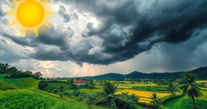 Landscape depicting mixed weather in Ghana, featuring sunny skies and dark clouds, with thunderstorm and sunshine elements.