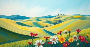 A peaceful landscape featuring rolling green hills, soft blue skies, and vibrant flowers representing harmony.