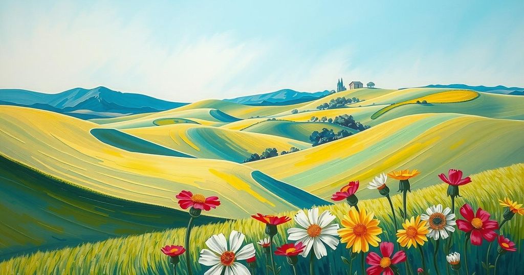 A peaceful landscape featuring rolling green hills, soft blue skies, and vibrant flowers representing harmony.