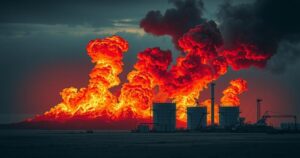 Burning oil storage facility in Tehran illustrating Middle East tensions and conflict.
