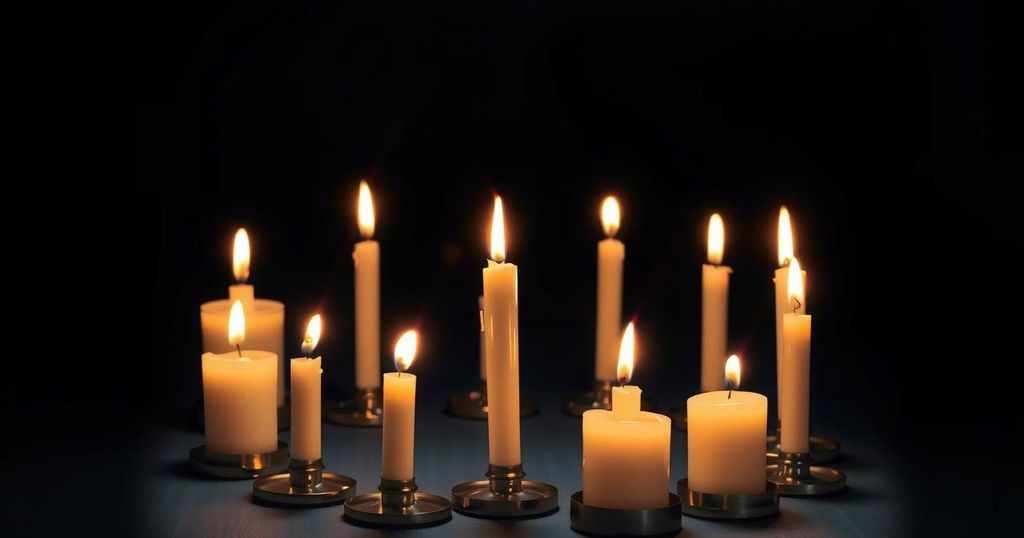 Candlelight vigil with flickering candles against a dark background
