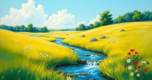 A serene summer landscape with a clear sky, featuring vibrant green fields and a refreshing water stream.