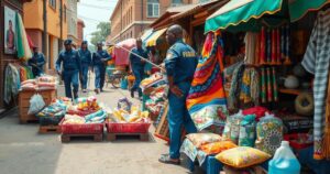 Harare street scene showing bustling vendors with colorful goods and municipal police presence creating tension.