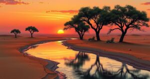 Desert landscape with a serene river at sunset, featuring silhouettes of lions resting under acacia trees.