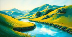 A scenic view of a tranquil landscape with vibrant colors, reflecting artistic nature and serene beauty.