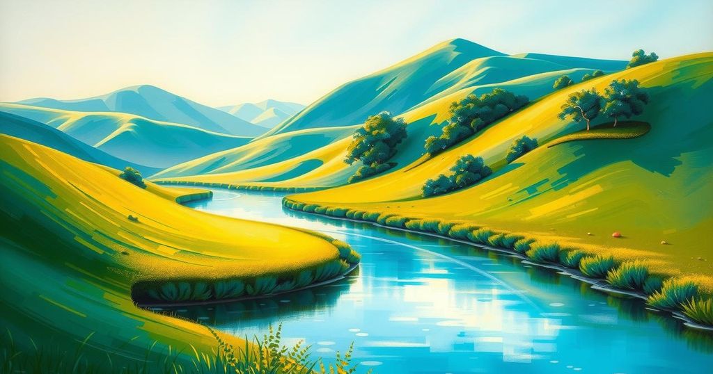 A scenic view of a tranquil landscape with vibrant colors, reflecting artistic nature and serene beauty.