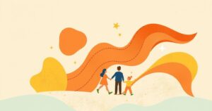 Colorful abstract representation of military deployment themes with children in Iraq, using warm tones.