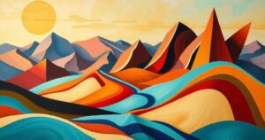Vibrant landscape with abstract shapes representing cultural exchange, featuring warm tones and cool accents.