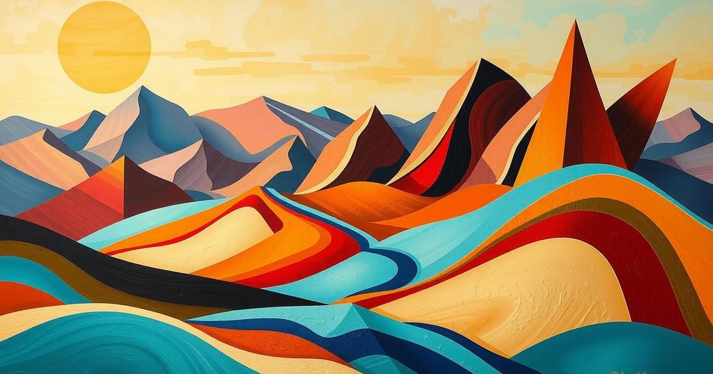 Vibrant landscape with abstract shapes representing cultural exchange, featuring warm tones and cool accents.