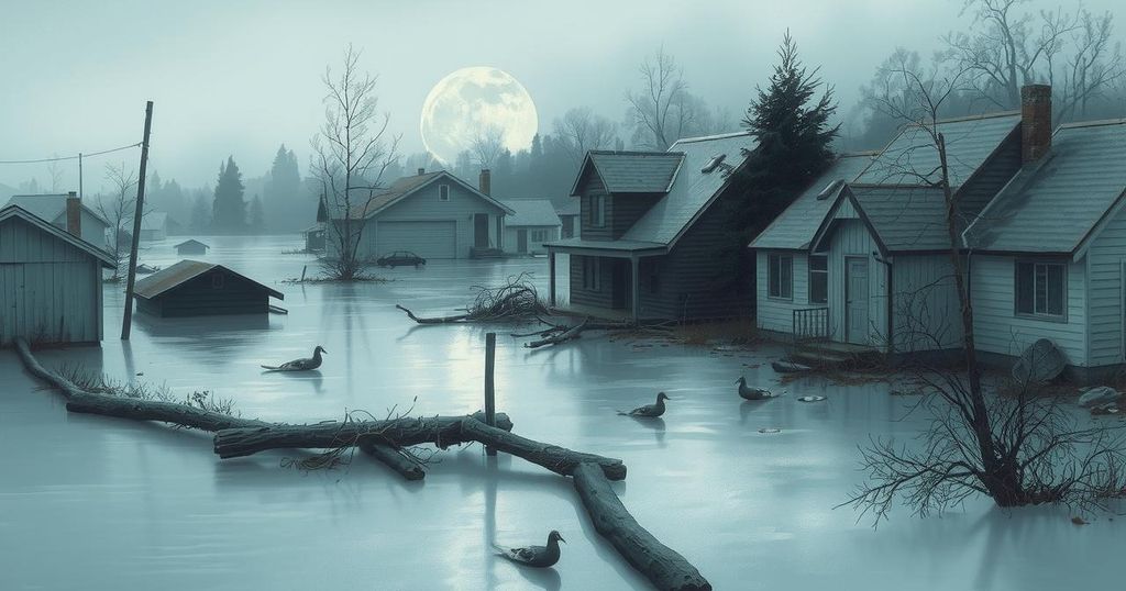 A devastated landscape in a flood-affected area featuring submerged homes and debris amidst towering floodwaters.