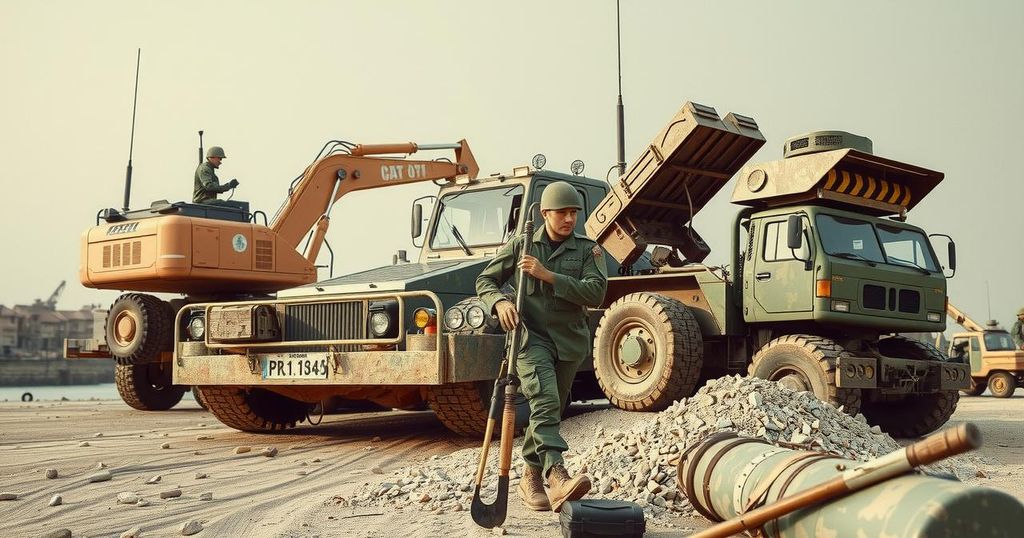 A symbolic depiction of military cooperation, featuring construction machinery and demining tools on a canvas backdrop.