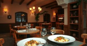 A cozy Italian restaurant interior, featuring a rustic decor with wooden tables, warm lighting, and pasta dishes.